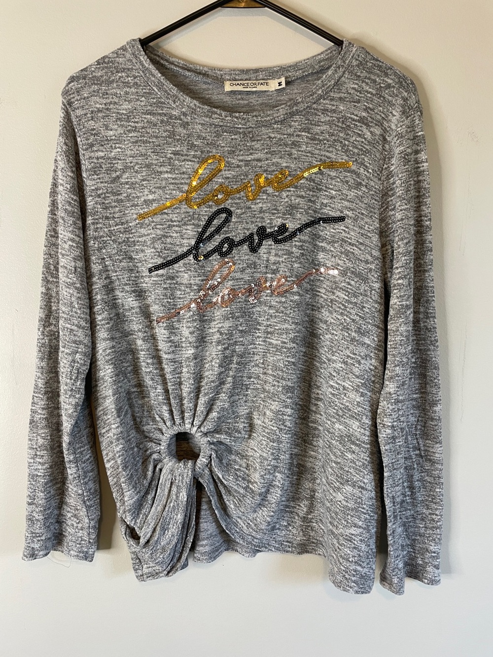 Chance or Fate Gray Long-Sleeve 'Love' Sequin Knot Front Top